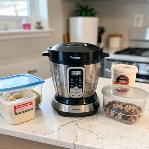 Robot de cocina con recipientes de comida semanal alrededor y accesorios fuera para mostrar falta de capacidad en uso real
