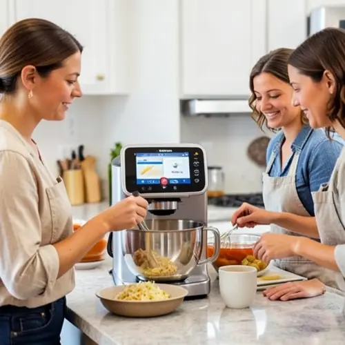 Robot de cocina con panel amplio, pasos visibles y una sesion de cocina compartida en encimera ordenada