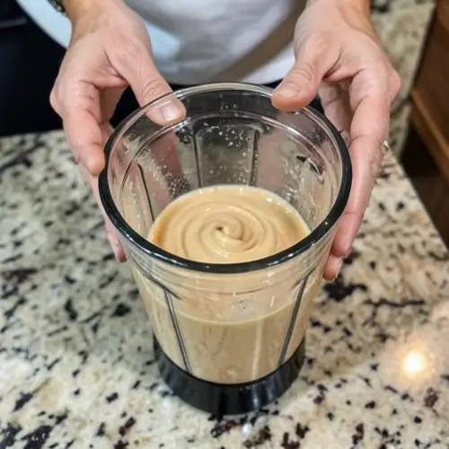 Batidora con vaso bien cargado, remolino estable y manos preparadas para subir velocidad sin manchar la encimera
