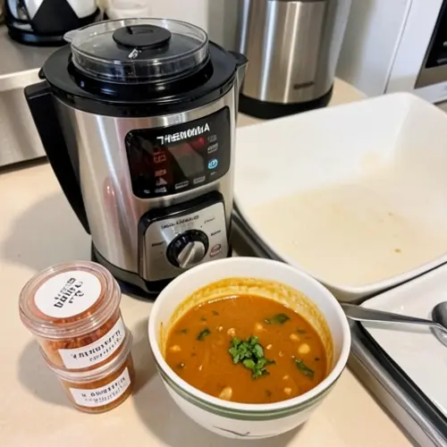 Robot de cocina con recipientes etiquetados, crema ya cocinada y espacio limpio para recalentar o servir mas tarde
